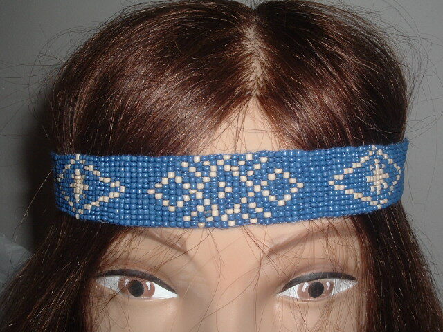 VINTAGE BLUE & BEIGE GLASS SEED BEADED HEADBAND HAIR ACCESSORY ELASTIC BAND