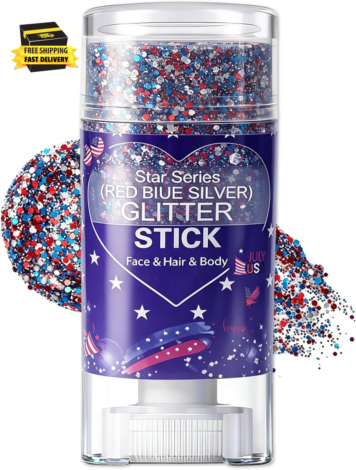 Red White Blue Body Glitter Stick, Patriotic Face Hair Glitter Gel | Waterproof