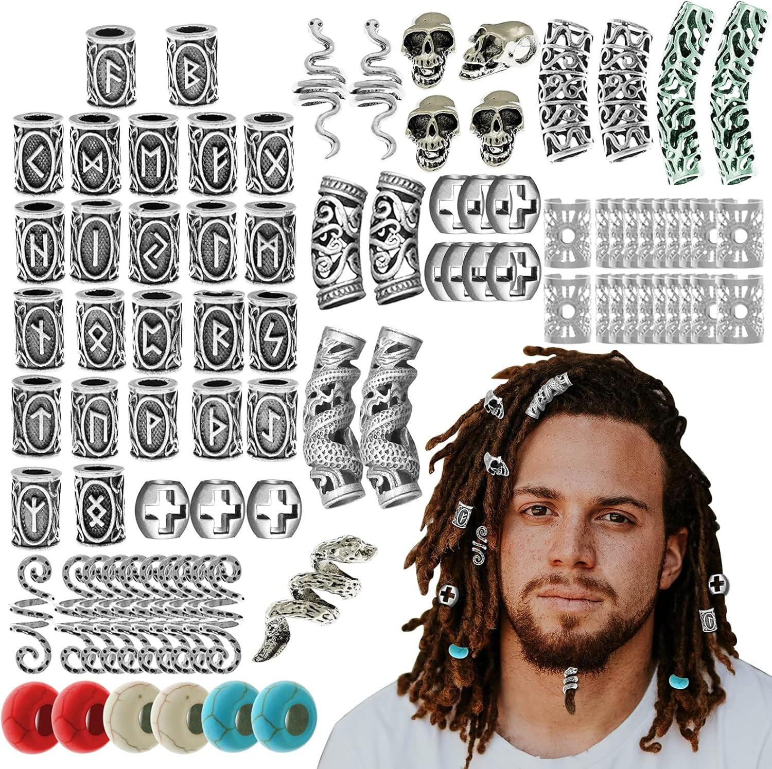 85Pcs Viking Norse Rune Beard Beads Ring Hair Braids Dreadlock Dreads Skull Snak