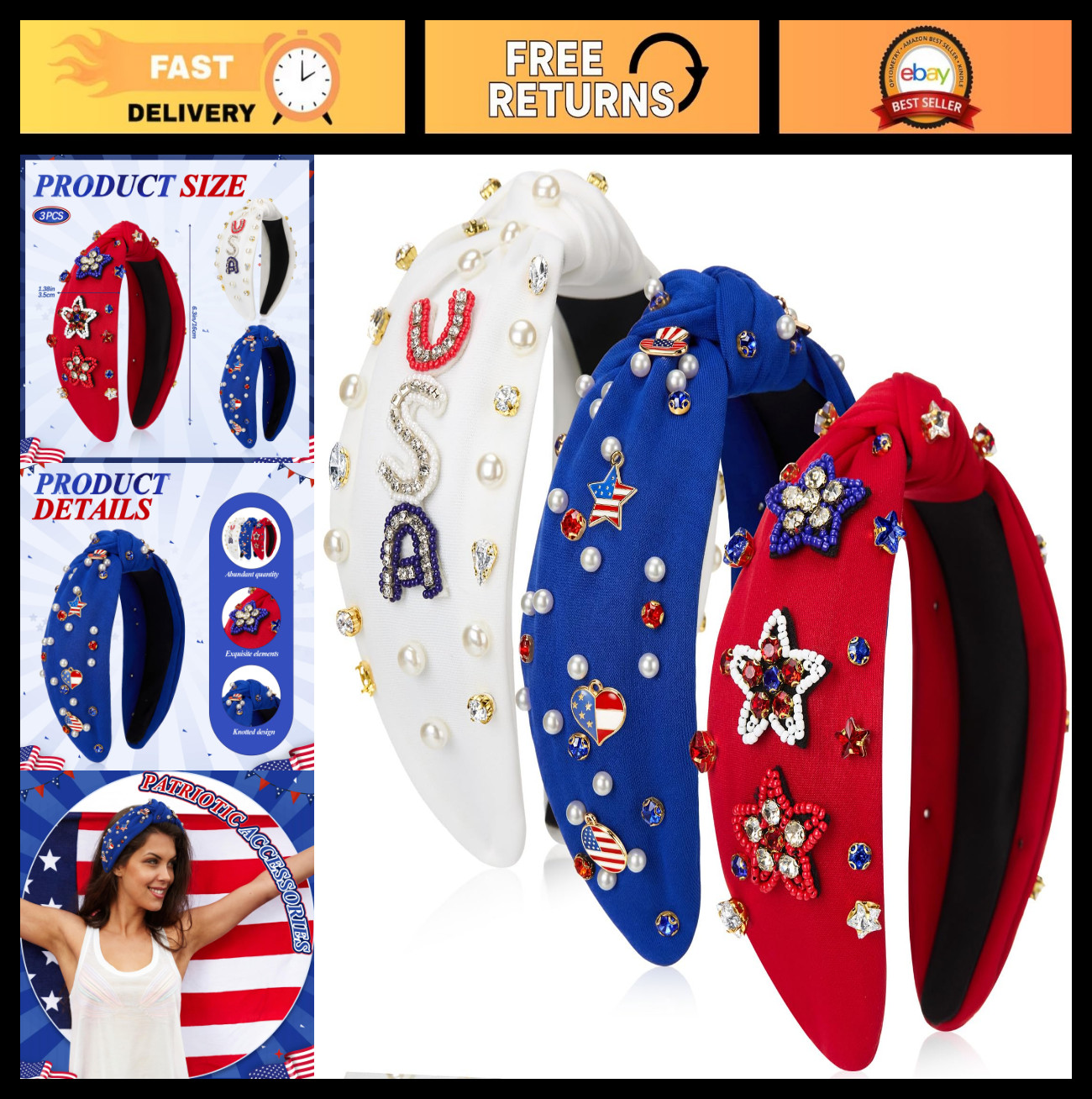 3 Pcs Patriotic Headbands for Women – 4th of July American Flag, Red White Blue,