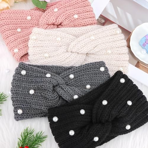 4Pcs Ear Warmers Winter Headbands for Women with Pearls, Knit Winter Headbands
