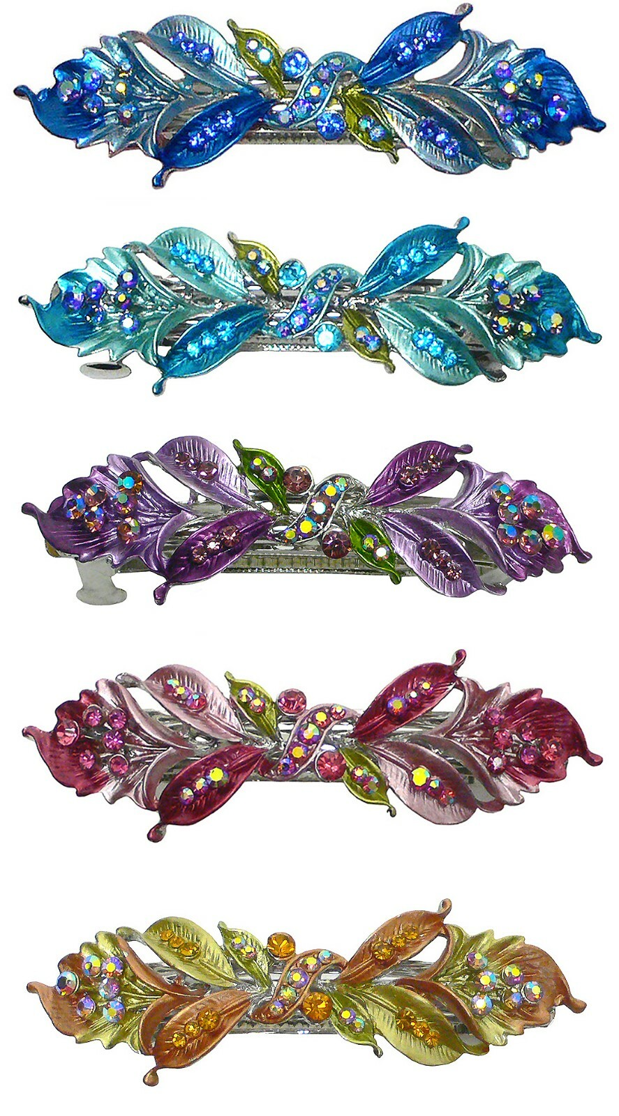 Bella Med Large Barrette Flower & Leaves Hair Clip Sparkly Rhinestone YY86800-3