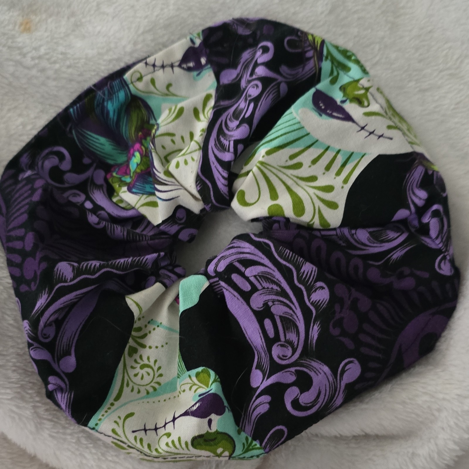 Purple & Black Skull Print Fabric Hair Scrunchie Elastic Hair Tie