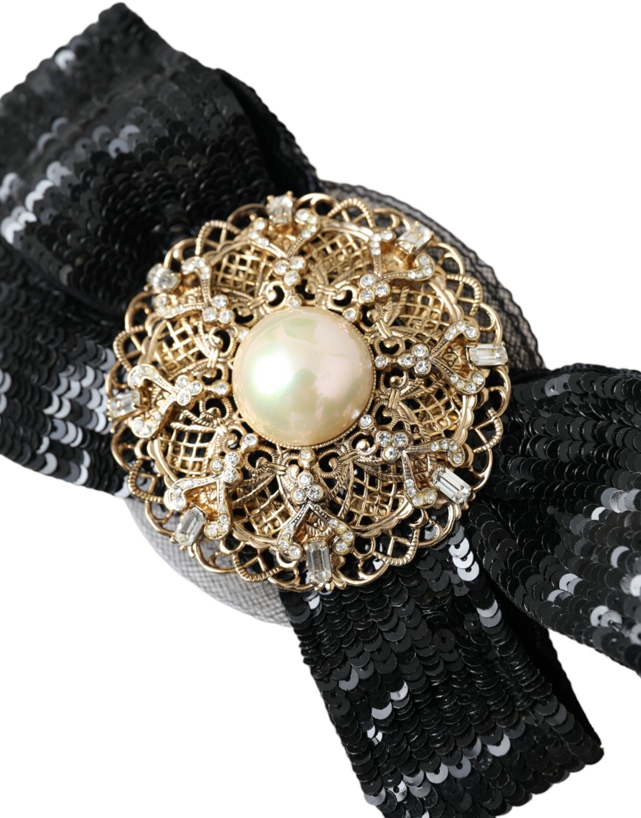 DOLCE & GABBANA Brooch Hair Pin Black Sequin Pearl Handmade Accessory 650usd