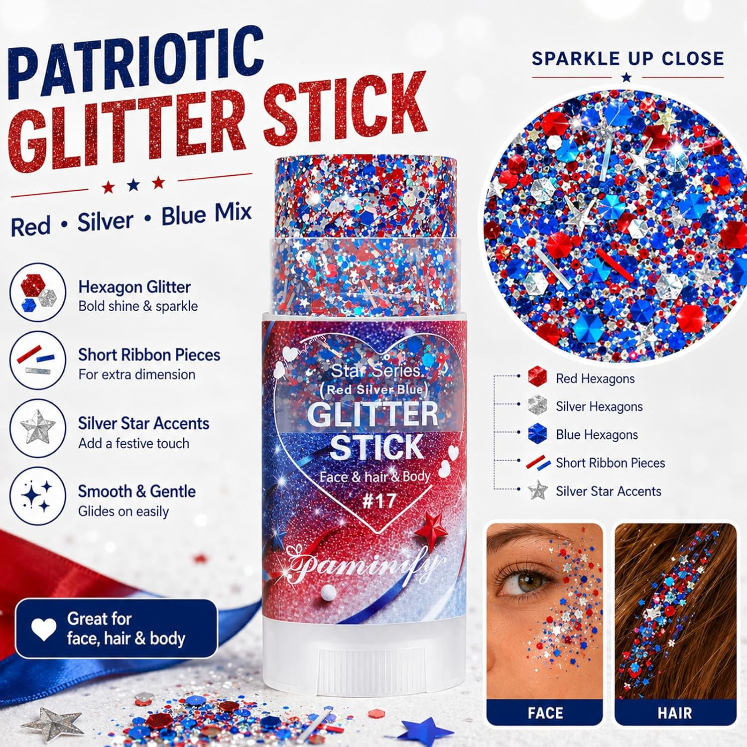 Red White Blue Hair Glitter Stick,4Th of July Patriotic America Stripe Star Face