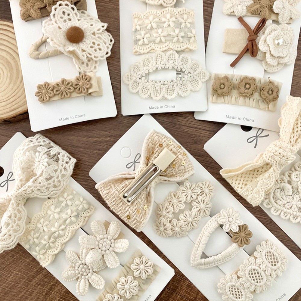 Milk coffee fabric lace 4 baby hair clip set bow flower color blocking headpiece