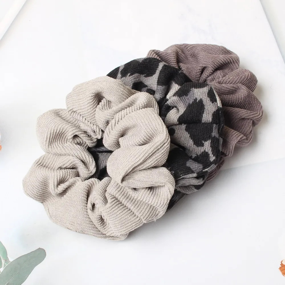 Leopard Print Scrunchie Cord Autumn Winter Corduroy Solid Scrunchies Set Elastic