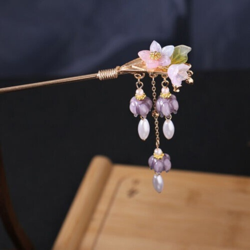 1Pc Chinese Ancient Hanfu Hairpin Purple Step Shake Tassels Elegant Headdress