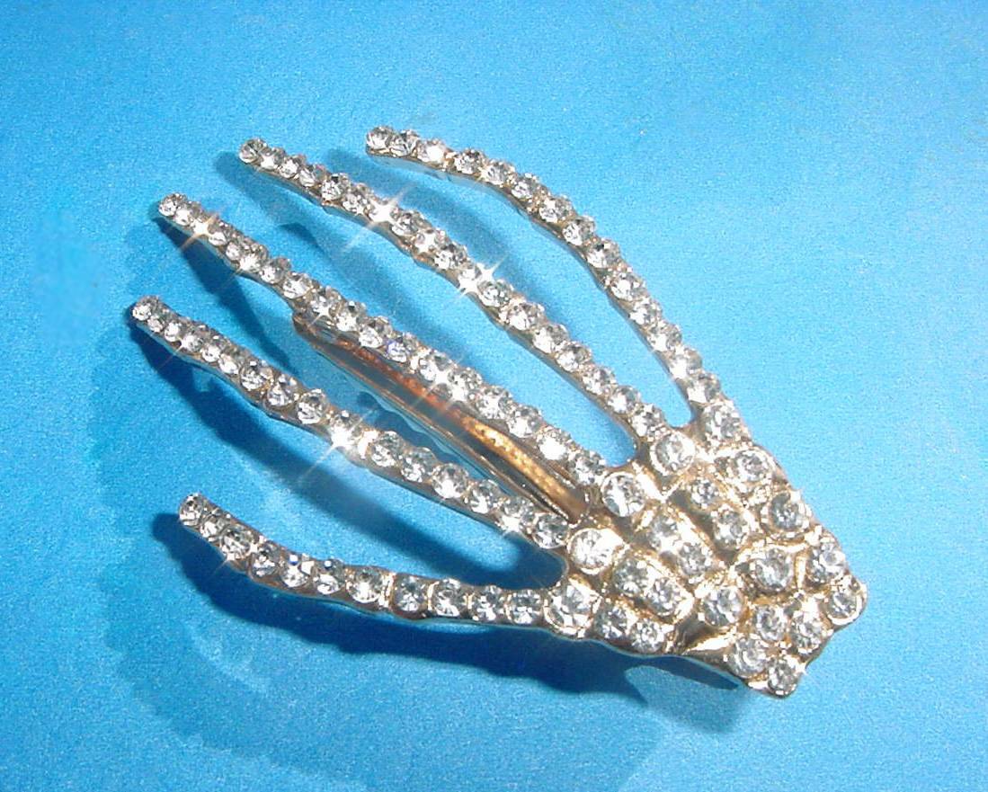 * Silver Rhinestones Rose Gold Color Skull Hand Hair Clip *