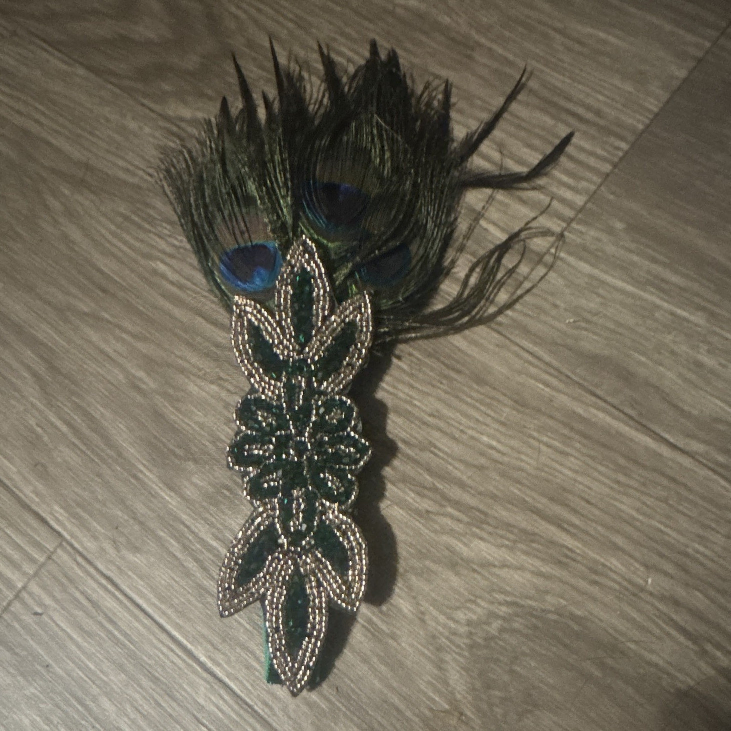 Women’s Beaded Feather Headband, Green/Blue Floral Peacock-Style Hair Accessory