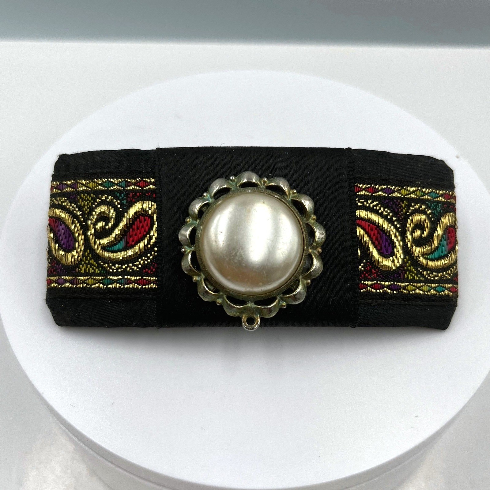 Barrette Hair Clip Vintage Faux Pearl Paisley Gold Tone Embroidery Black Fabric