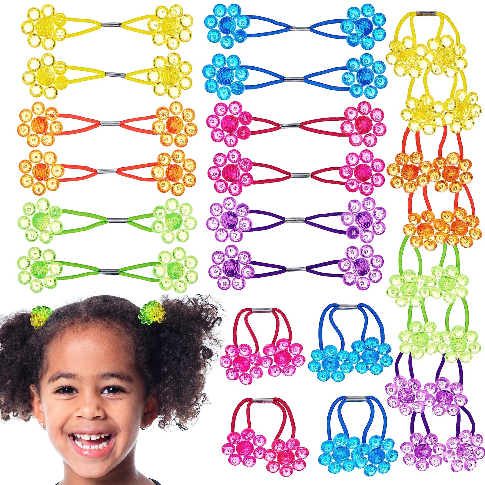 24pc Flower-Shaped Bright Multicolored Twin Bead Ponytail Elastics