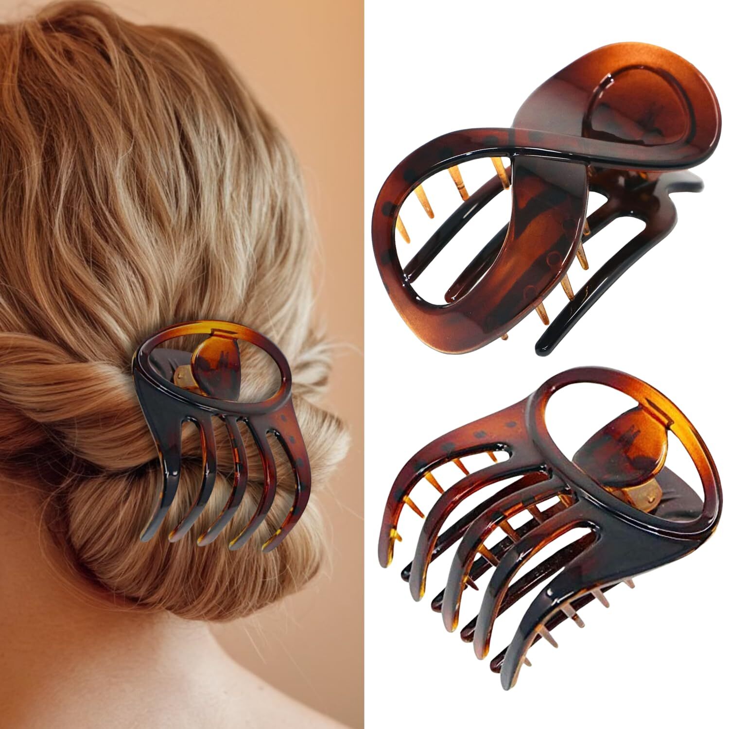 Parcelona French Tortoise Shell 3″ Medium Hair Claw Clips for Women Hair – 2 Pcs