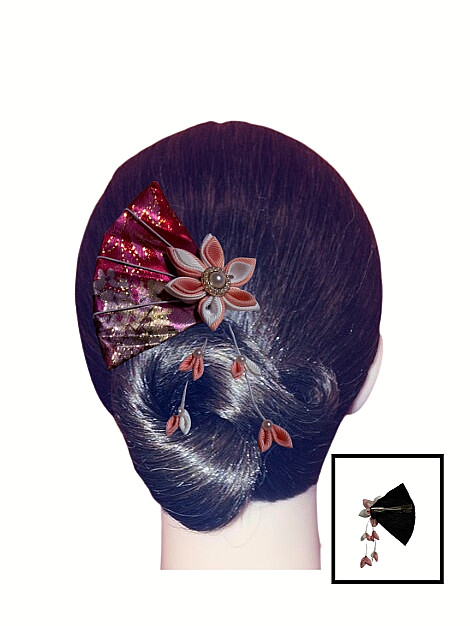 ❤️ Handmade Kanzashi Hair Clip – Pink & Gold Fan with Flower and Dangling Petals