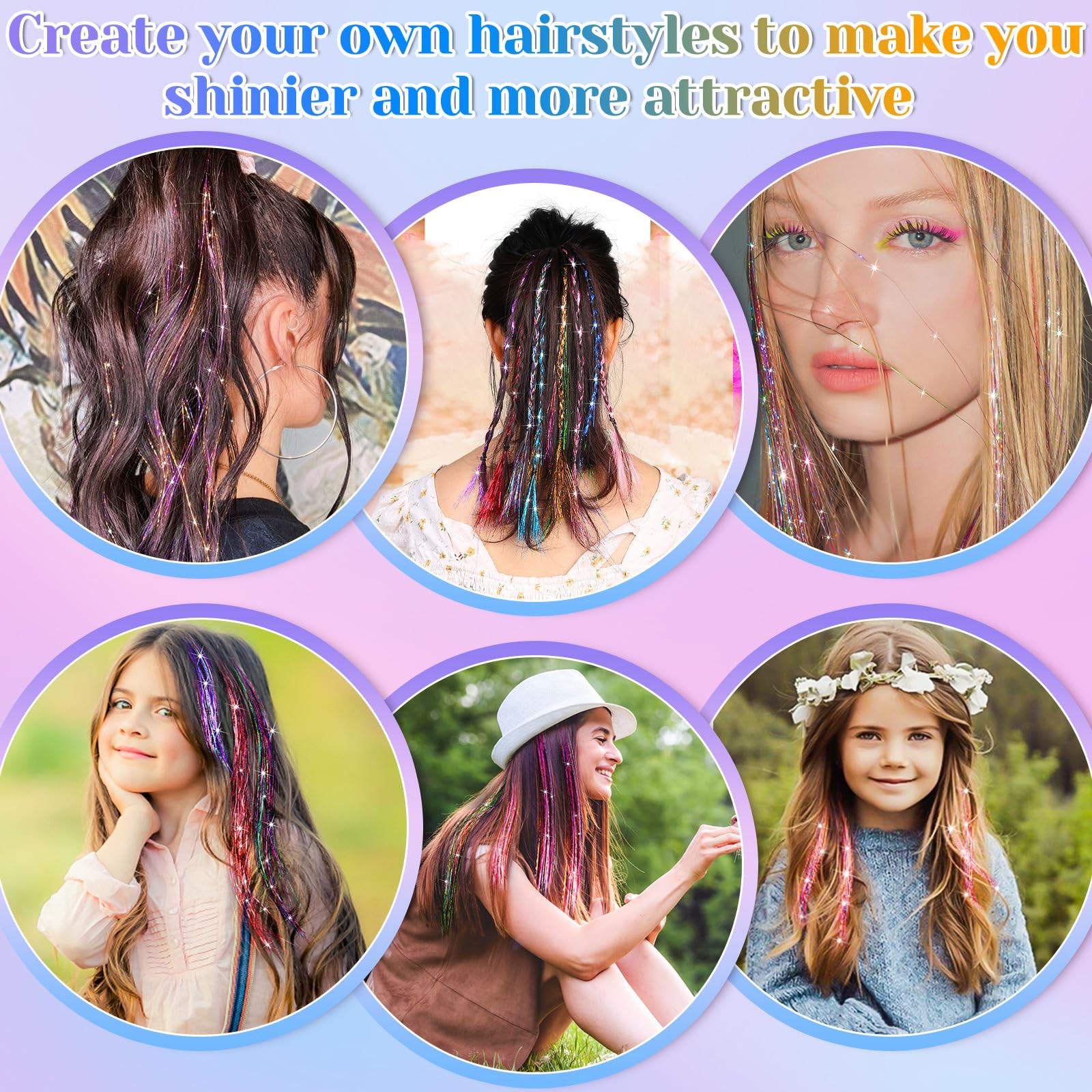 Extensiones de cabello con purpurina, resistentes al calor y con brillo.