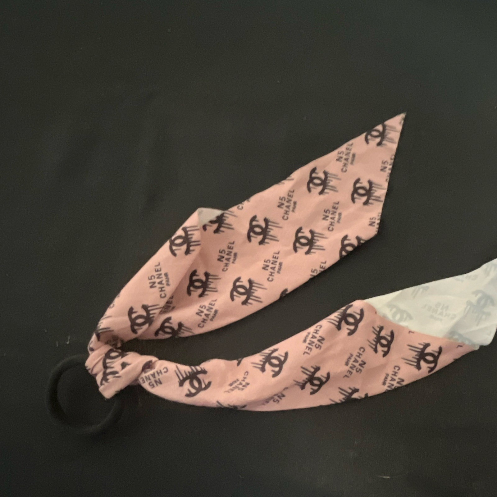 CHANEL Women’s Fabric Hair Ribbon, Pink/Black Logo Pattern Classic Casual