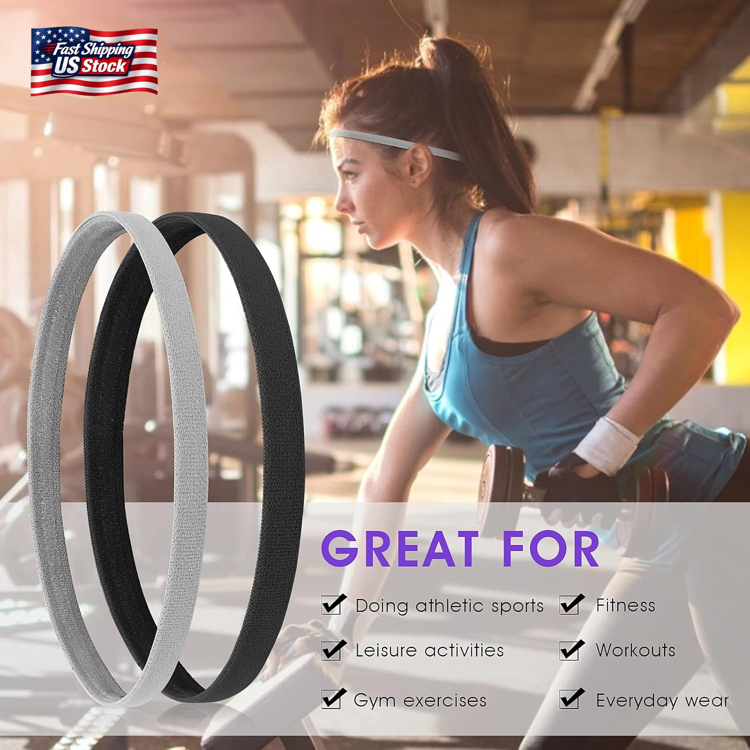 Sibba 4 Pieces Athletic Sports Headband Elastic Thin Hair Bands Non Slip Silicon