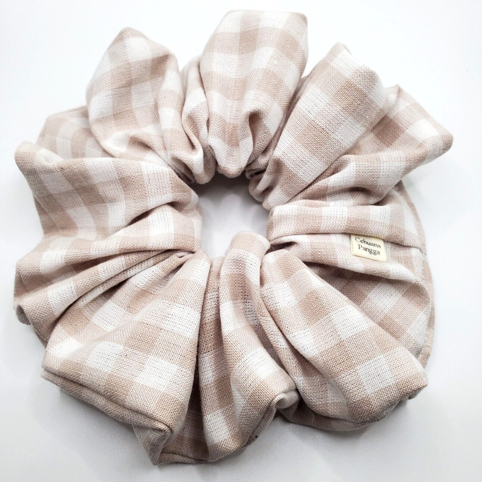 Handmade Women’s Scrunchies size XL Light Tan Cotton Fabric Checkered Print New
