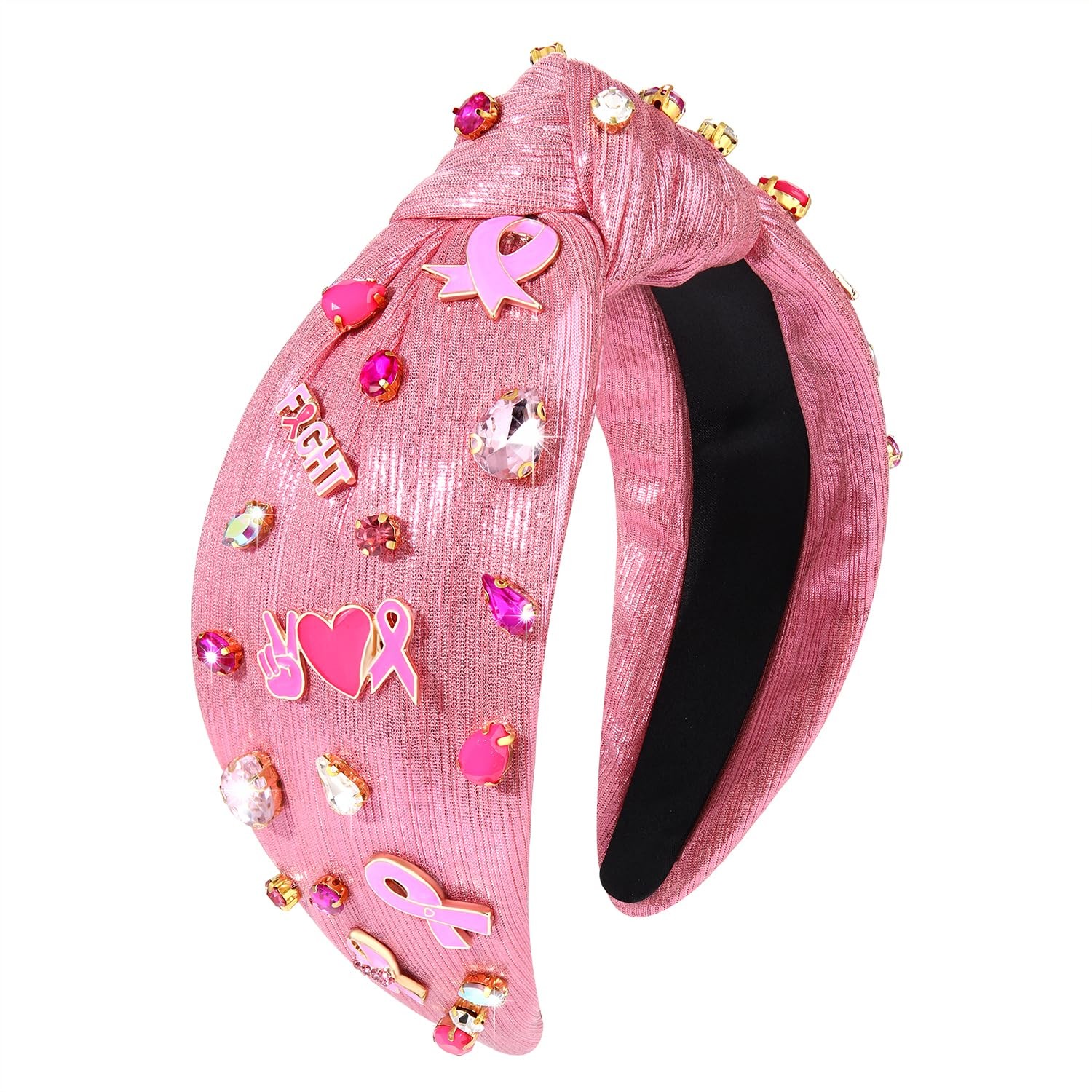 Rhinestone Knot Headband Breast Cancer Awareness Hairband Pink Ribbon Charm H…