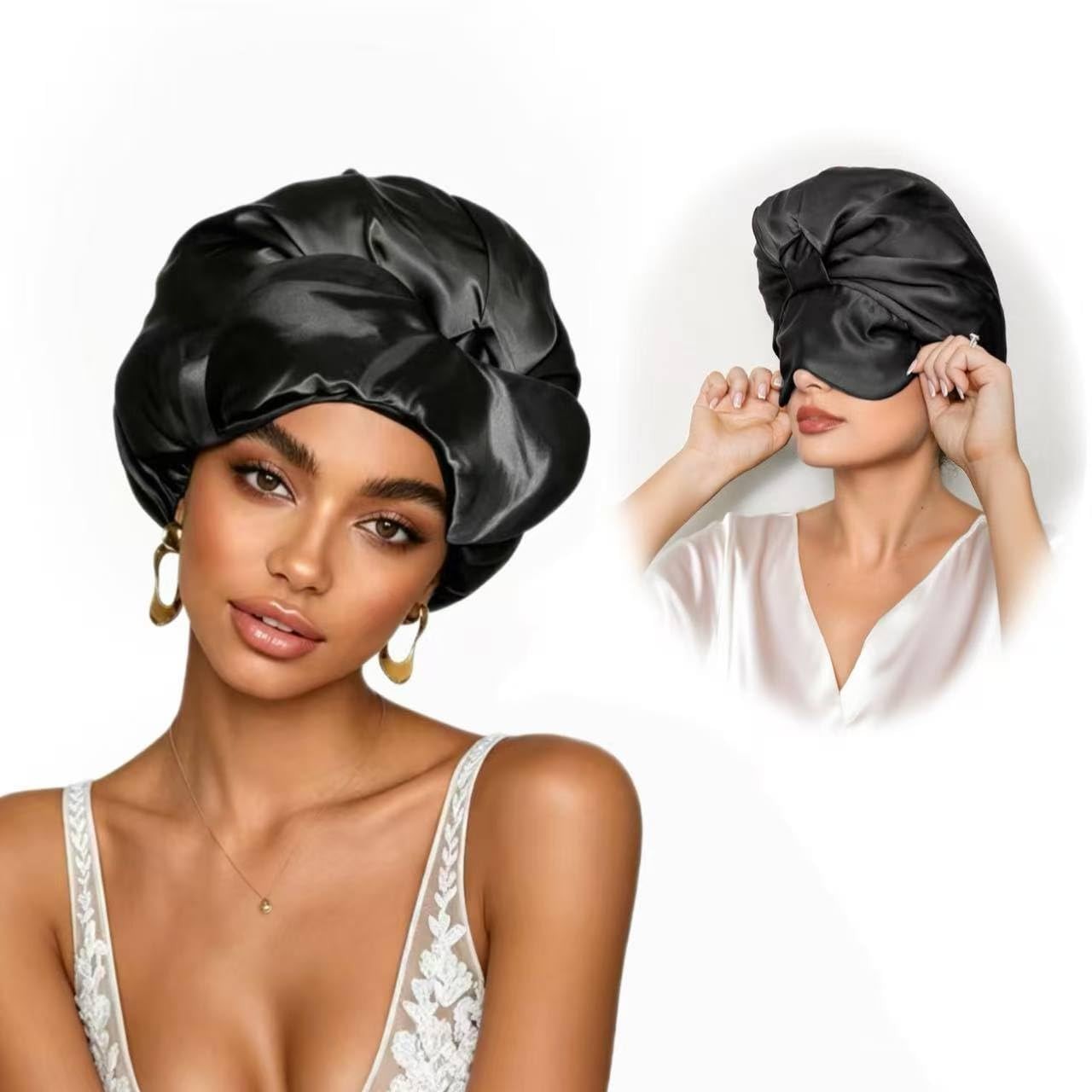 2-in-1 Satin Sleep Bonnet & Eye Mask, Adjustable Silk Hair Cap Large, Black