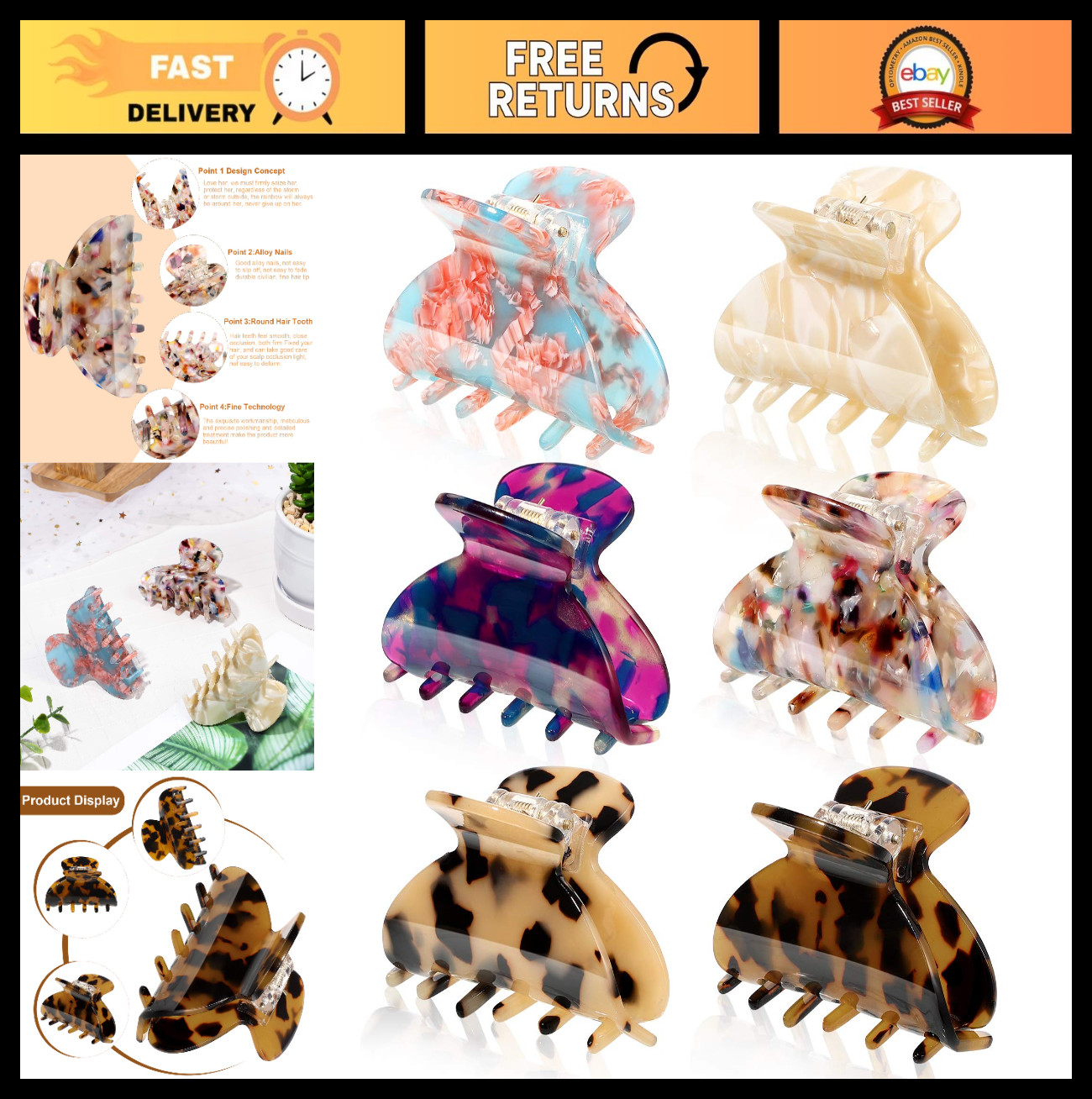 6 Medium Tortoise Shell Hair Claw Clips for Thin Hair – French Style Barrettes
