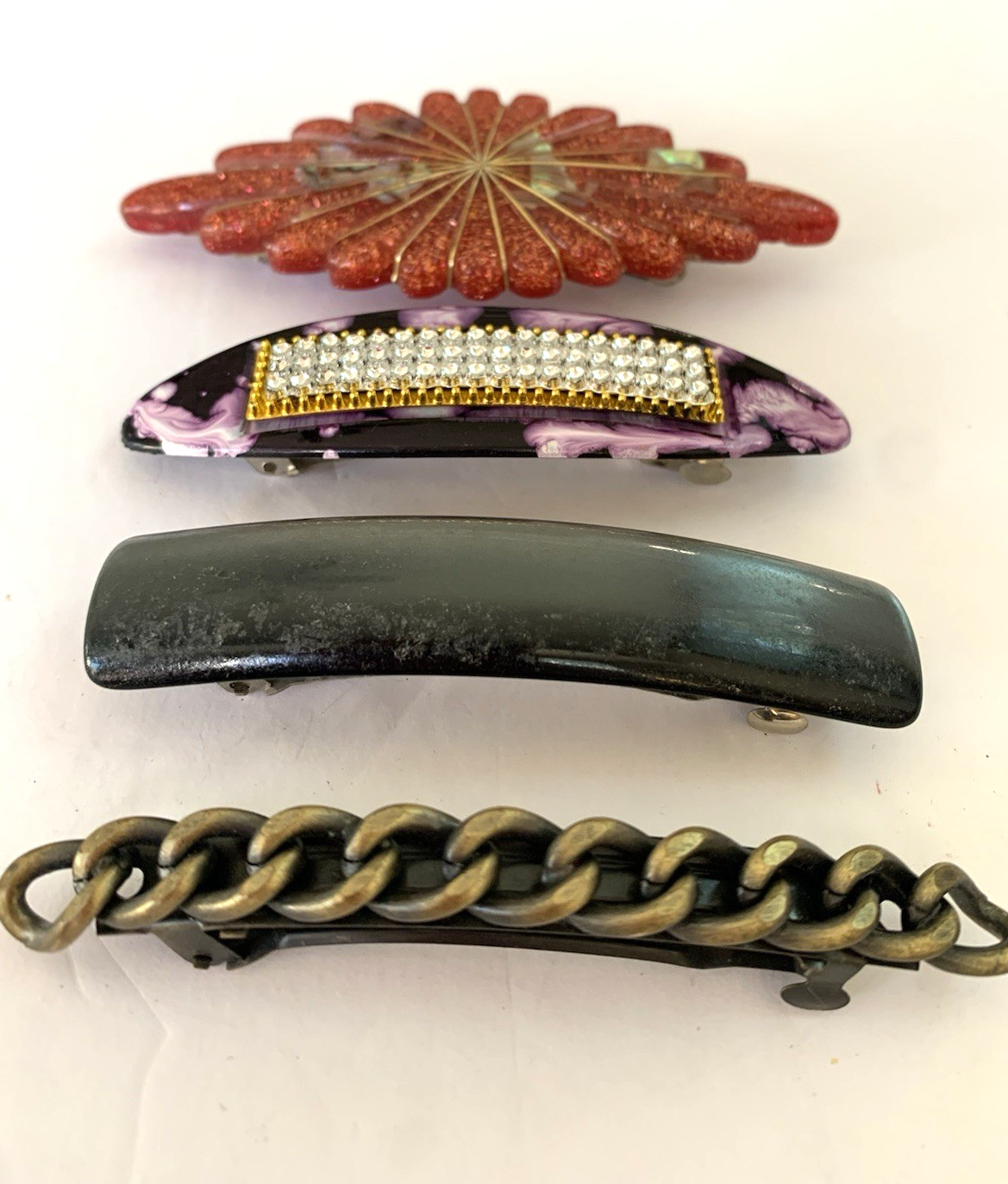 Hair Barrette Spring Clip Bar Lot-4 Vtg Goody 3.75″ Metal Chain Acrylic Glitter