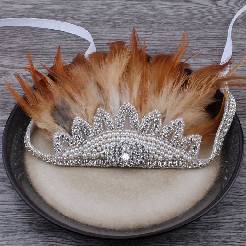 Feather Rhinestone Crown Headband – Tiara Solid Faux Pearl Party Hair Accessory