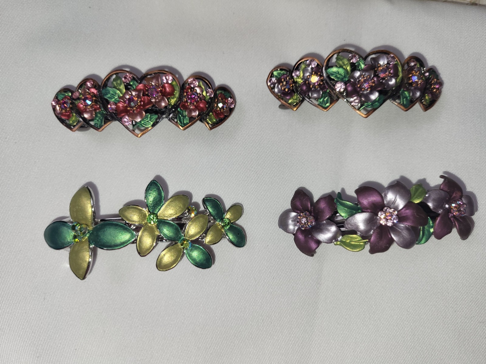 Vintage Floral Hair Barrette Set of 4 Enamel Rhinestone Heart Flower Clips Y2K