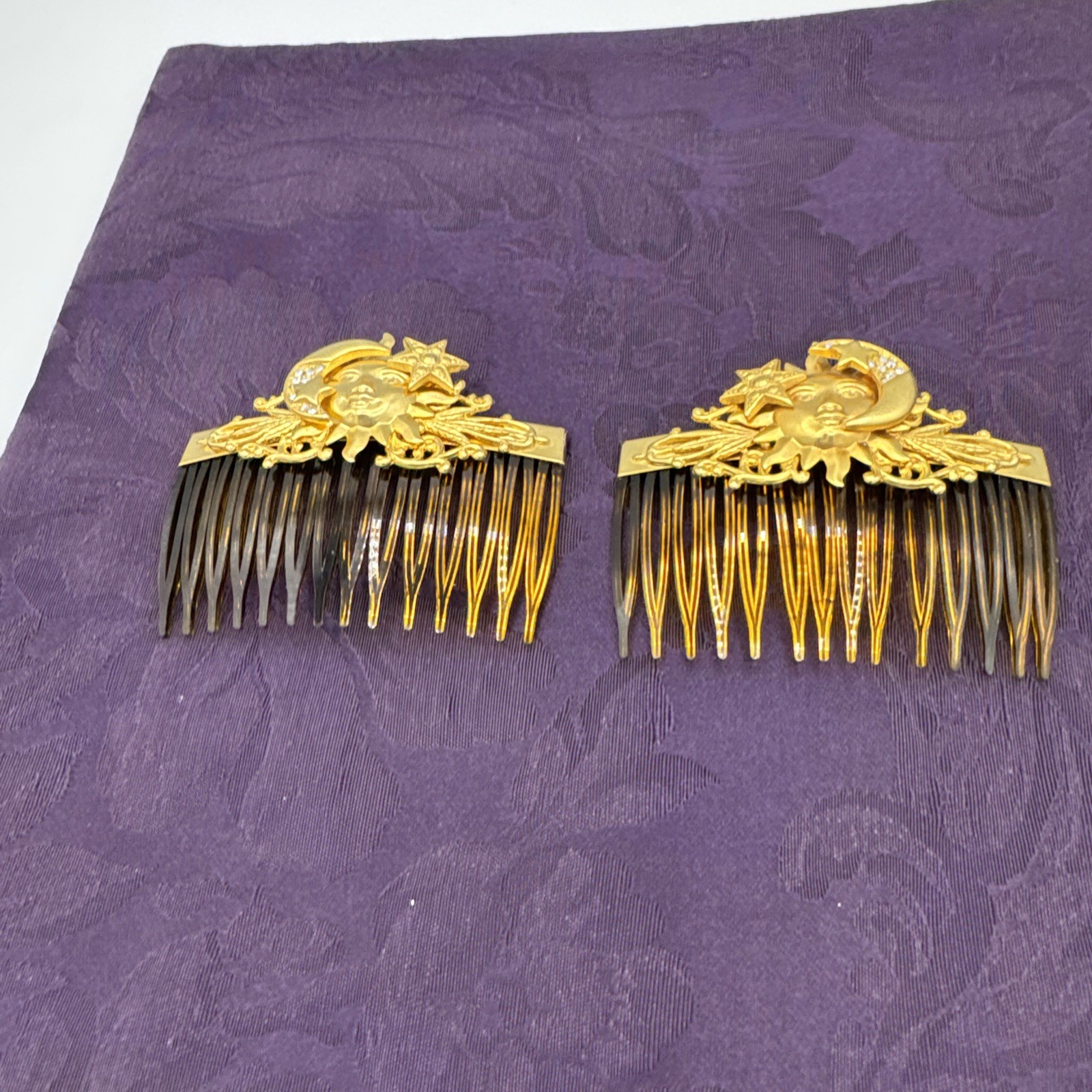 RARE Vintage Kirks Folly Gold Plated Celestial Hair Combs Sun Moon Star Design
