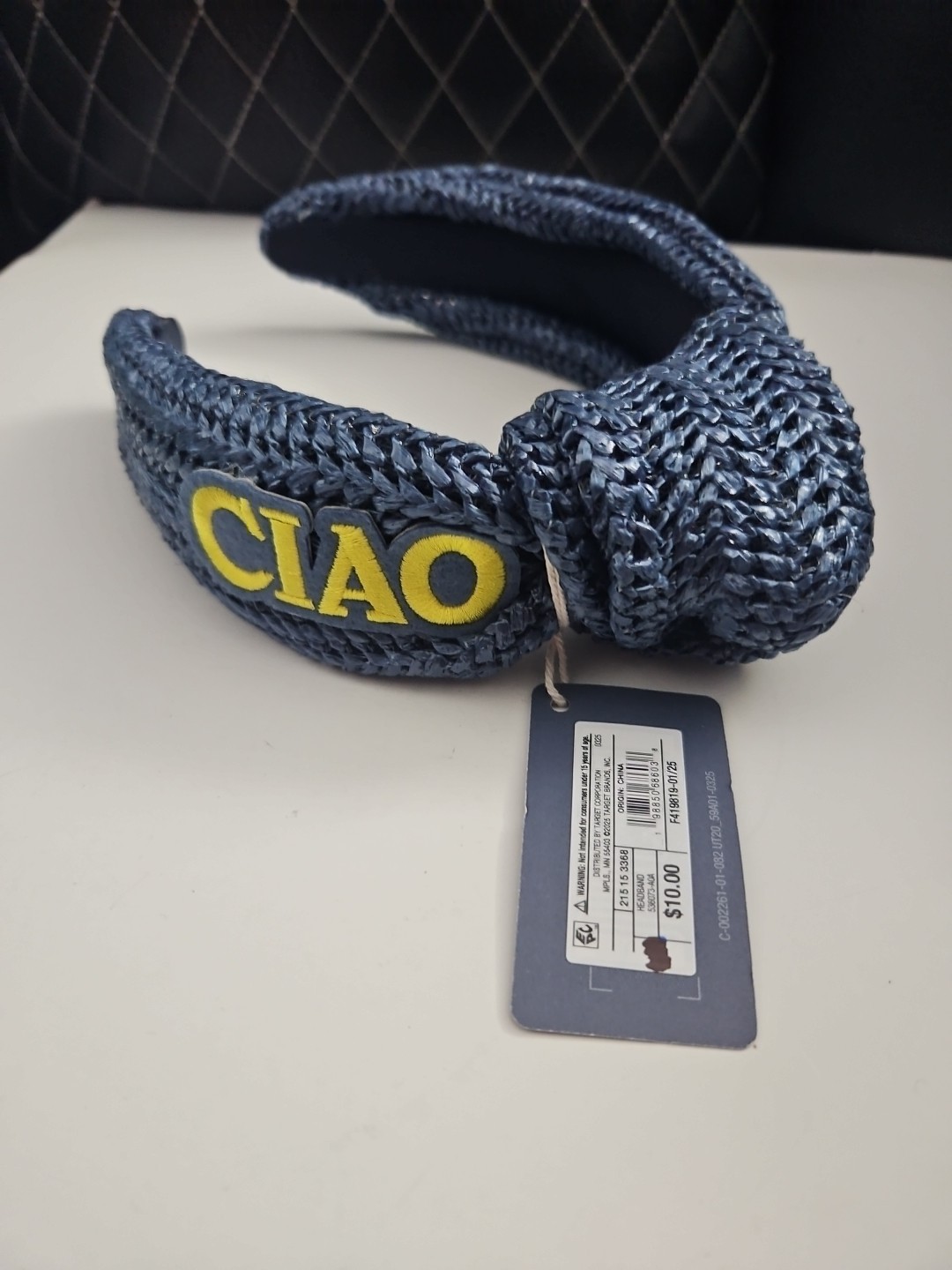 New Blue Woven Raffia Knotted Headband with Yellow “CIAO” Embroidered