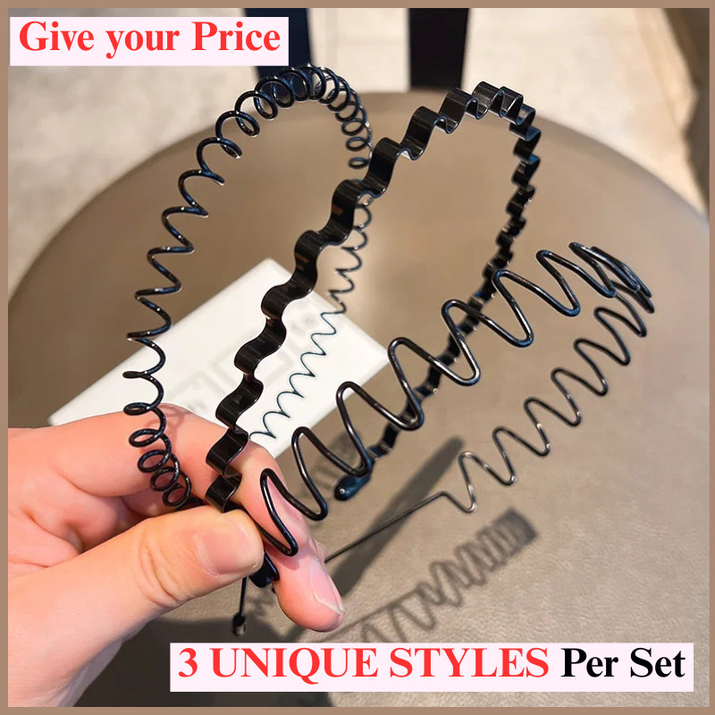 Non-Slip Unisex Metal Wave Headband 3Pcs Set Sports Hair Hoop Comb Band Men Wome