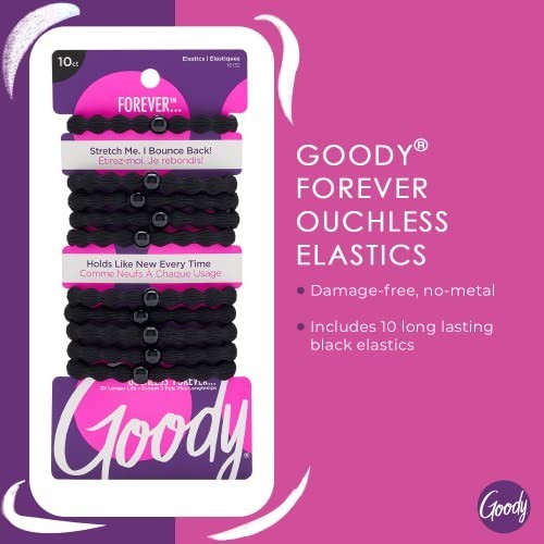 Goody Ouchless Forever Hair Elastics, 10 Ct, Black, Damage-Free Bands, 3X Strong
