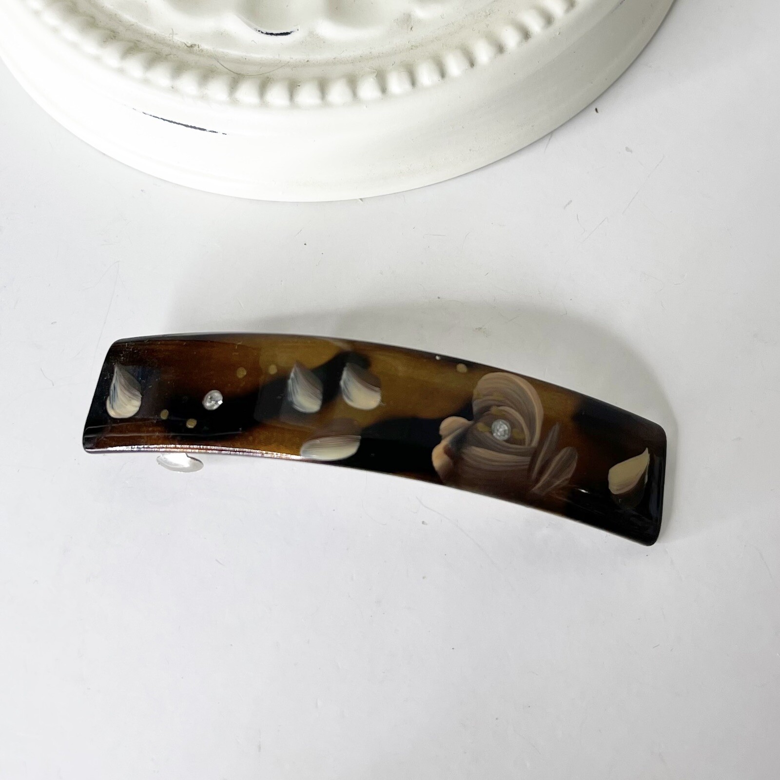 Vintage 90s Y2K Acrylic French Barrette Metal Clasp Painted Flower Rhinestone