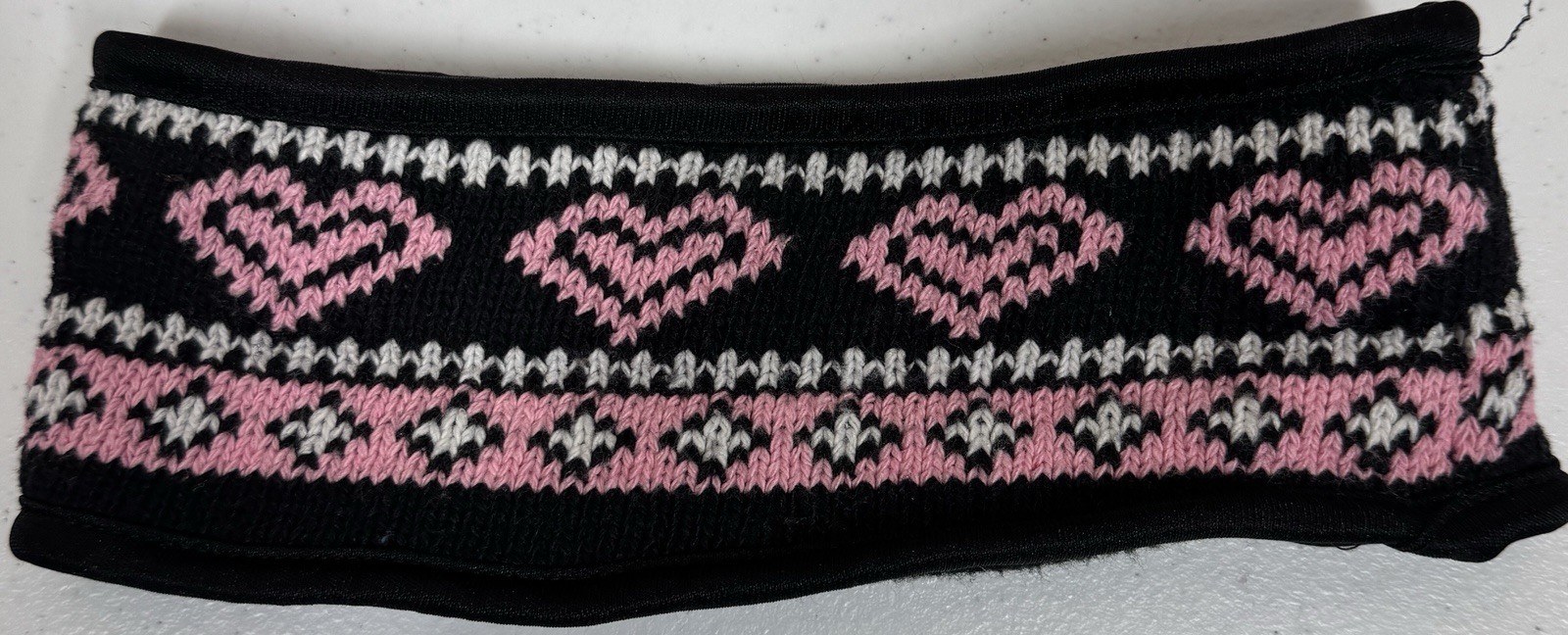 Women’s Black Pink White Heart Pattern Knitted Headband Ear Warmer Fleece Lined