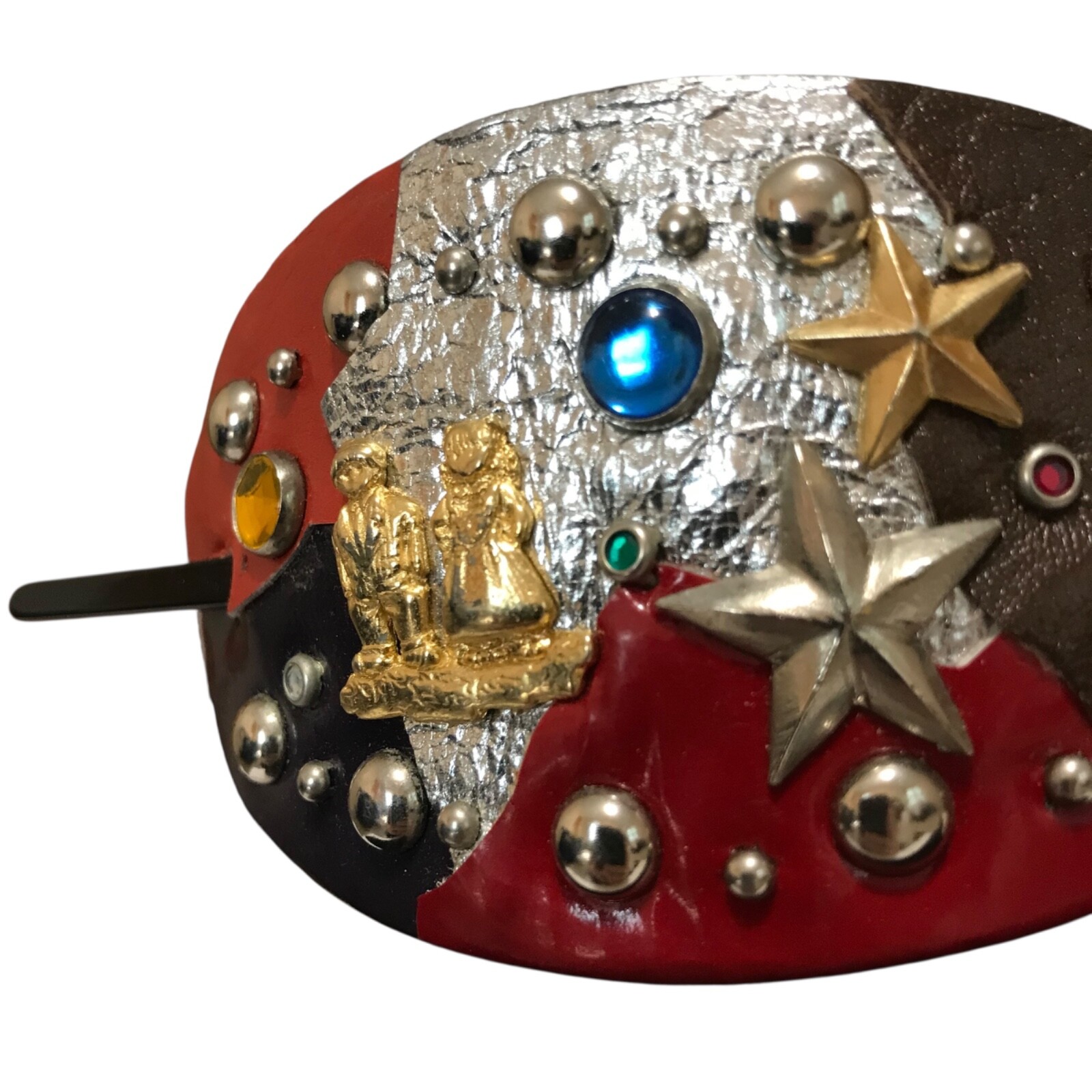 Vintage Abstract Faux Leather Slide Hair Clip Pin Stick Stars Boy Girl Gold Red