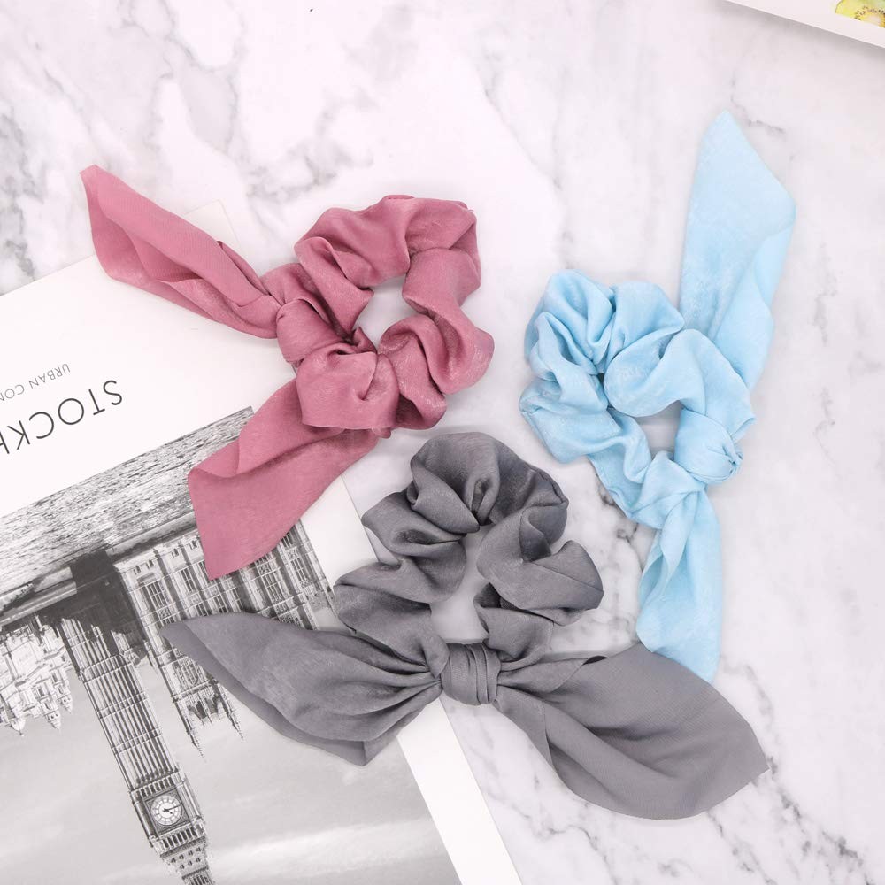 Silk Satin Solid Colors Scrunchie Scarf,10Pcs Ribbon Bow Scrunchies, Includin…