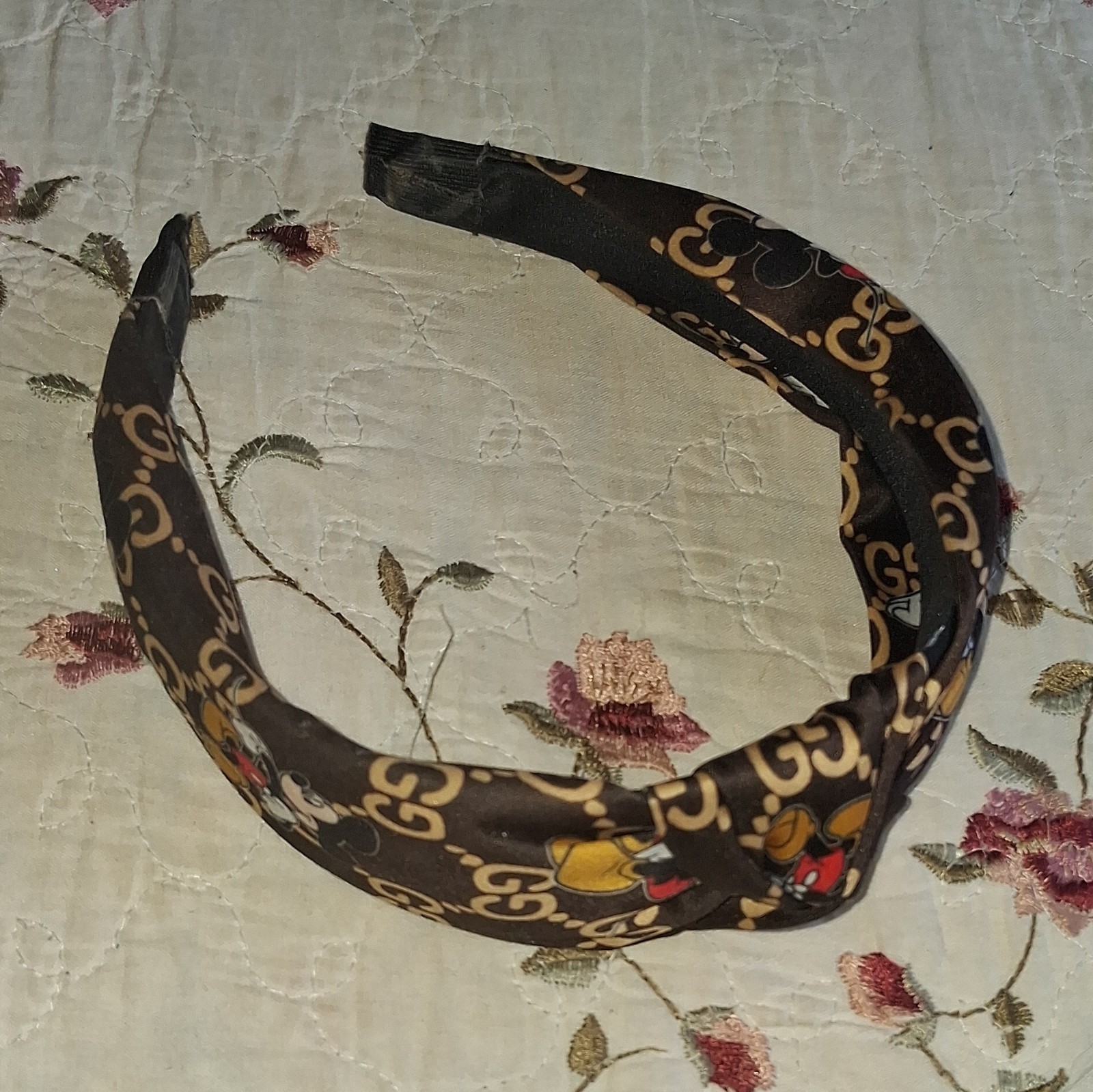 Mickey Mouse Logo Print Padded Knotted Fabric Headband Brown for Women