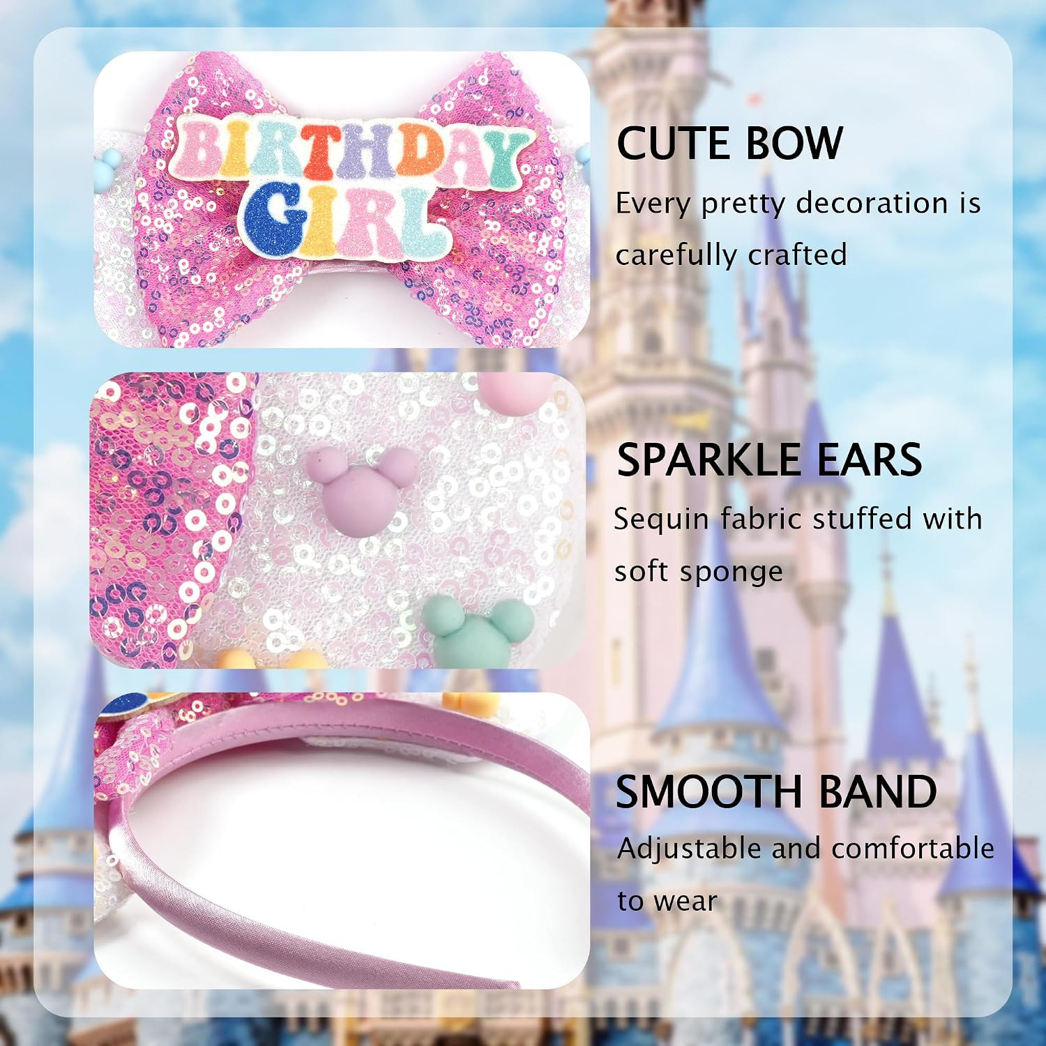 Mouse Ears for Women Birthday Girl Headband Sequin Ears Hair Accessories for Bir