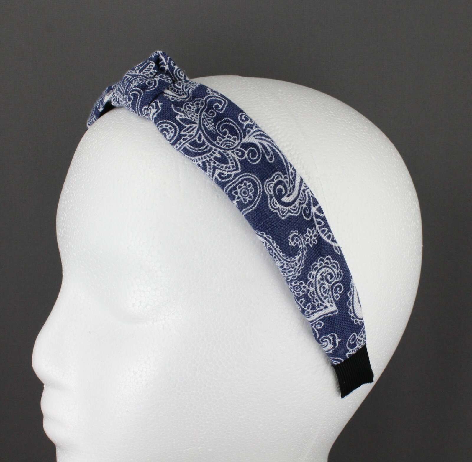 Dark Blue denim turban knot headband fabric covered grip teeth paisley chambray