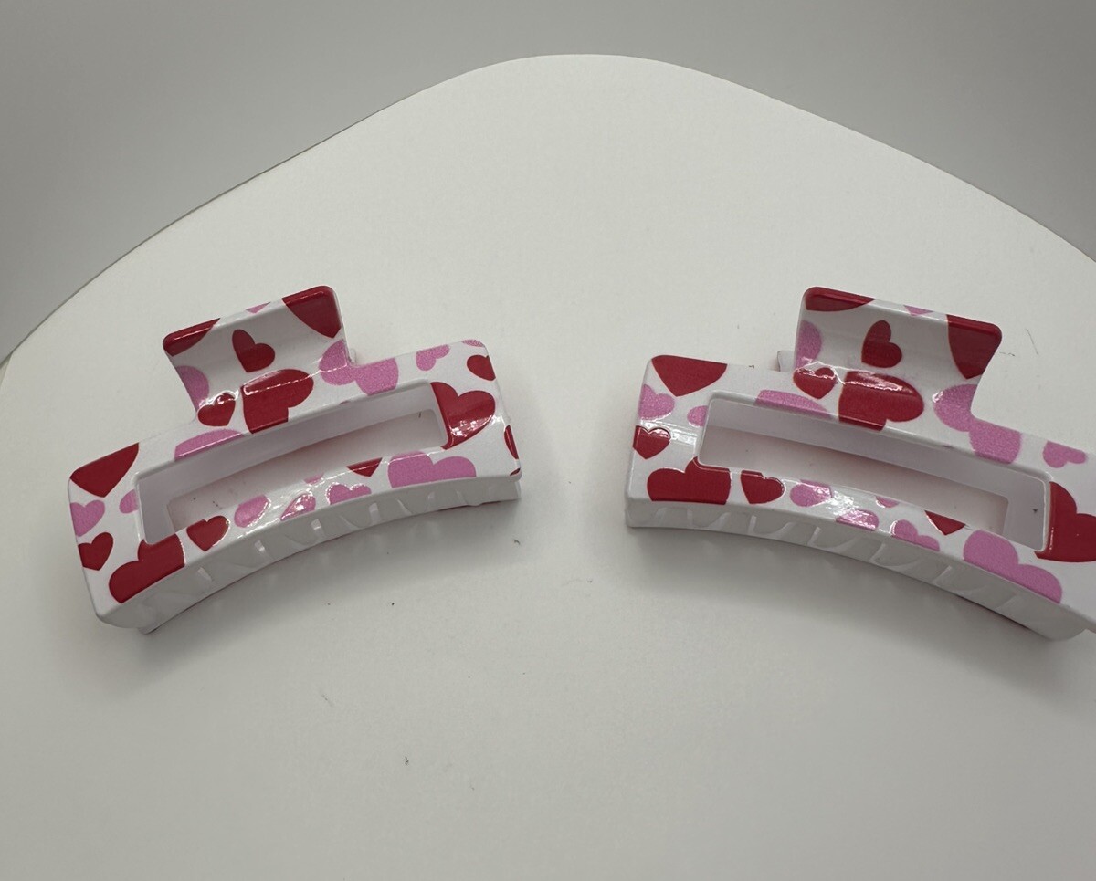 NEW Valentine Themed White With Red And Pink Claw Clips. Set Of 2