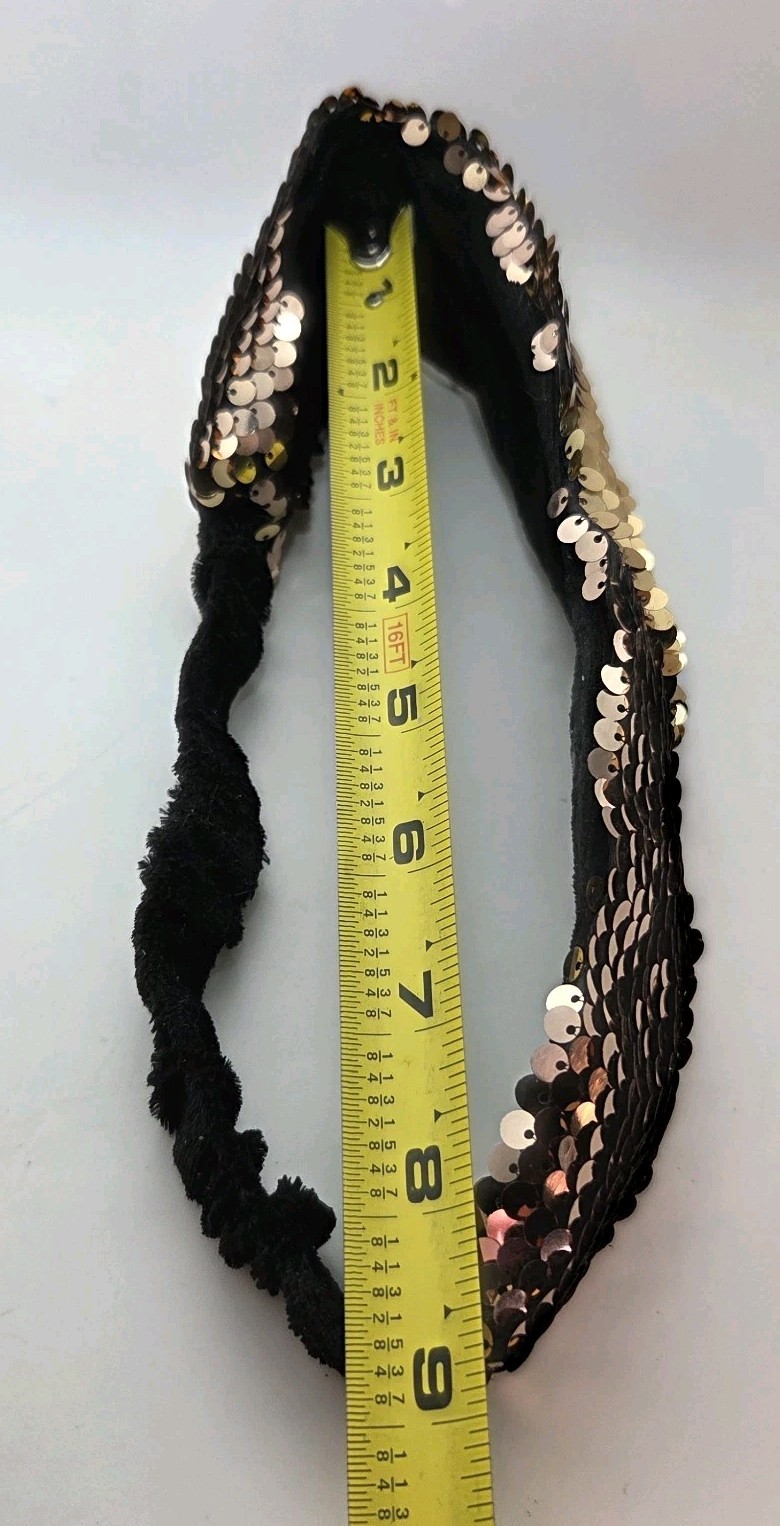 Reversible Mermaid Sequin Headband Black Velvet Elastic Gold & Bronze Tone