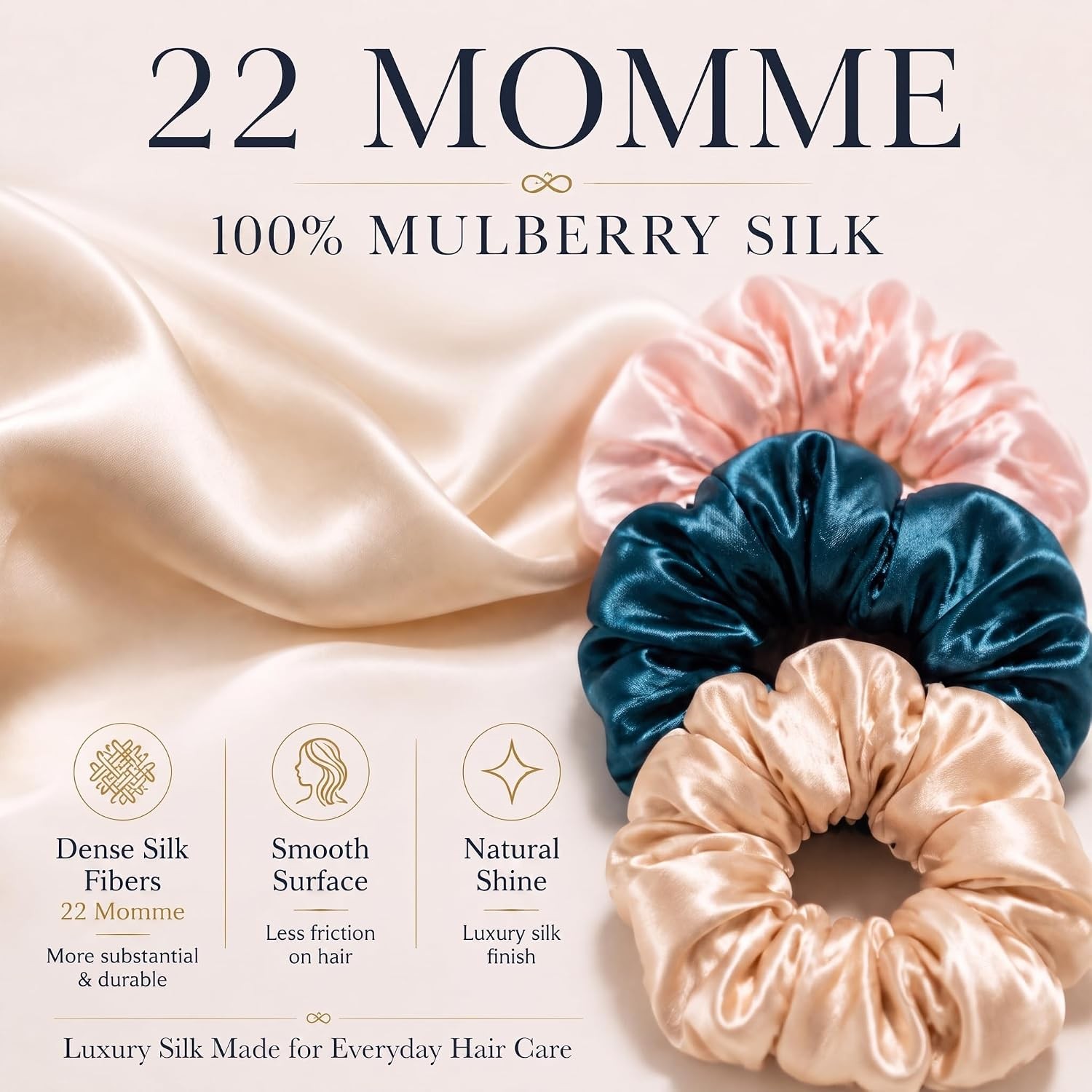 3 Pcs 100% Mulberry Silk Scrunchies, Hair Ties Pink Peacock Blue Apricot