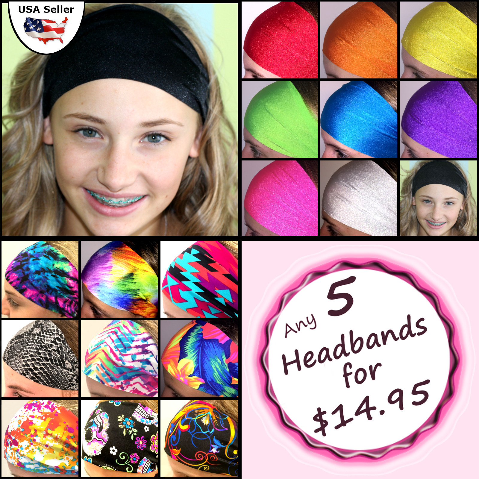 Wide Headbands Set of 5! Sports Workouts Fashion Bolder Brighter Colors Bands