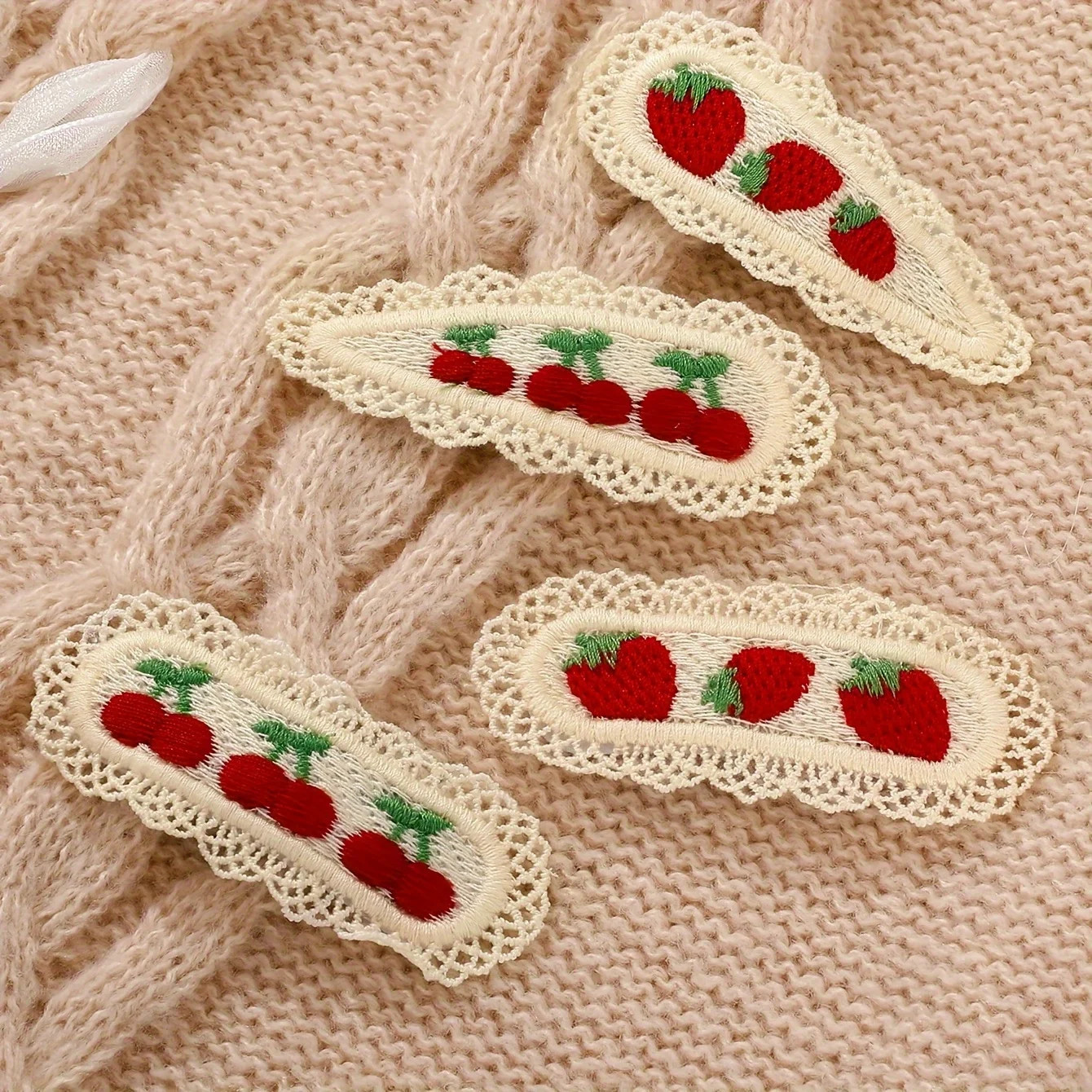 2Pcs Cute Hairpins, Colorful Knitted Cherry and Strawberry Hairpins, Lace Floral