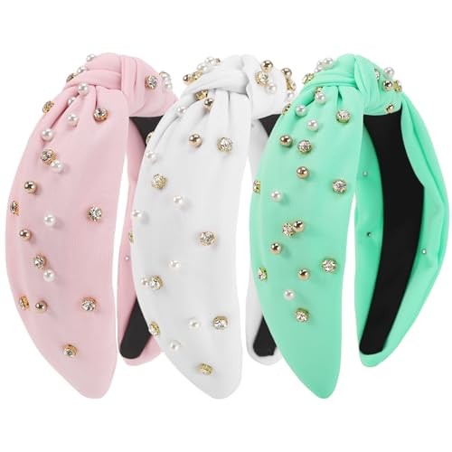 3Pcs Knot Headband for Women Pearl Knotted Head Bands Non Slip Wide Headband-C