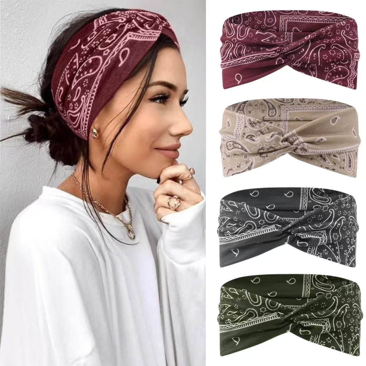 4Pcs Fashion Paisley Sport Headwrap – Women’s Elastic Headband for Yoga & Daily