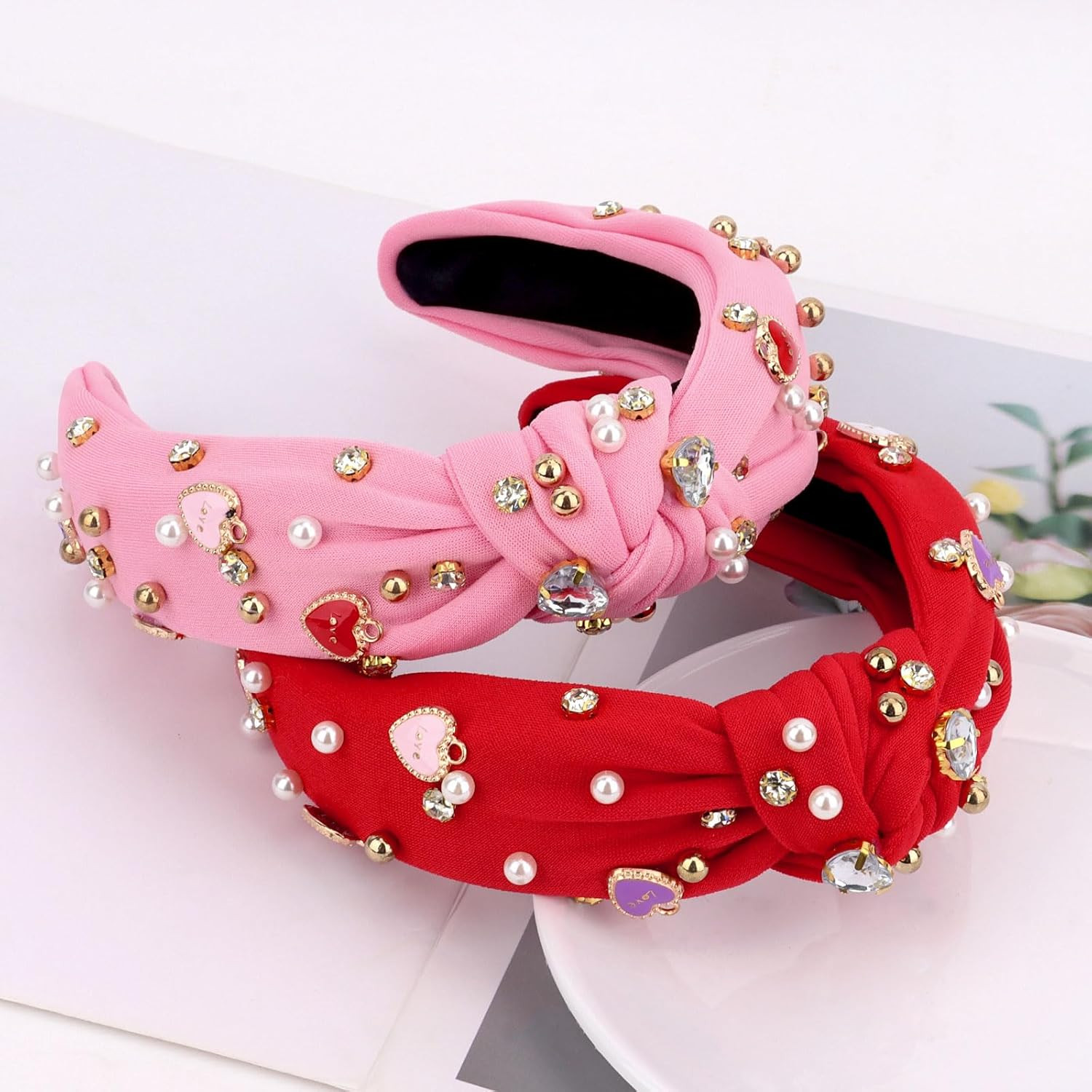 2 PCS Valentines Headbands for Women Cute Heart Knot Hairband White Pearl Rhines
