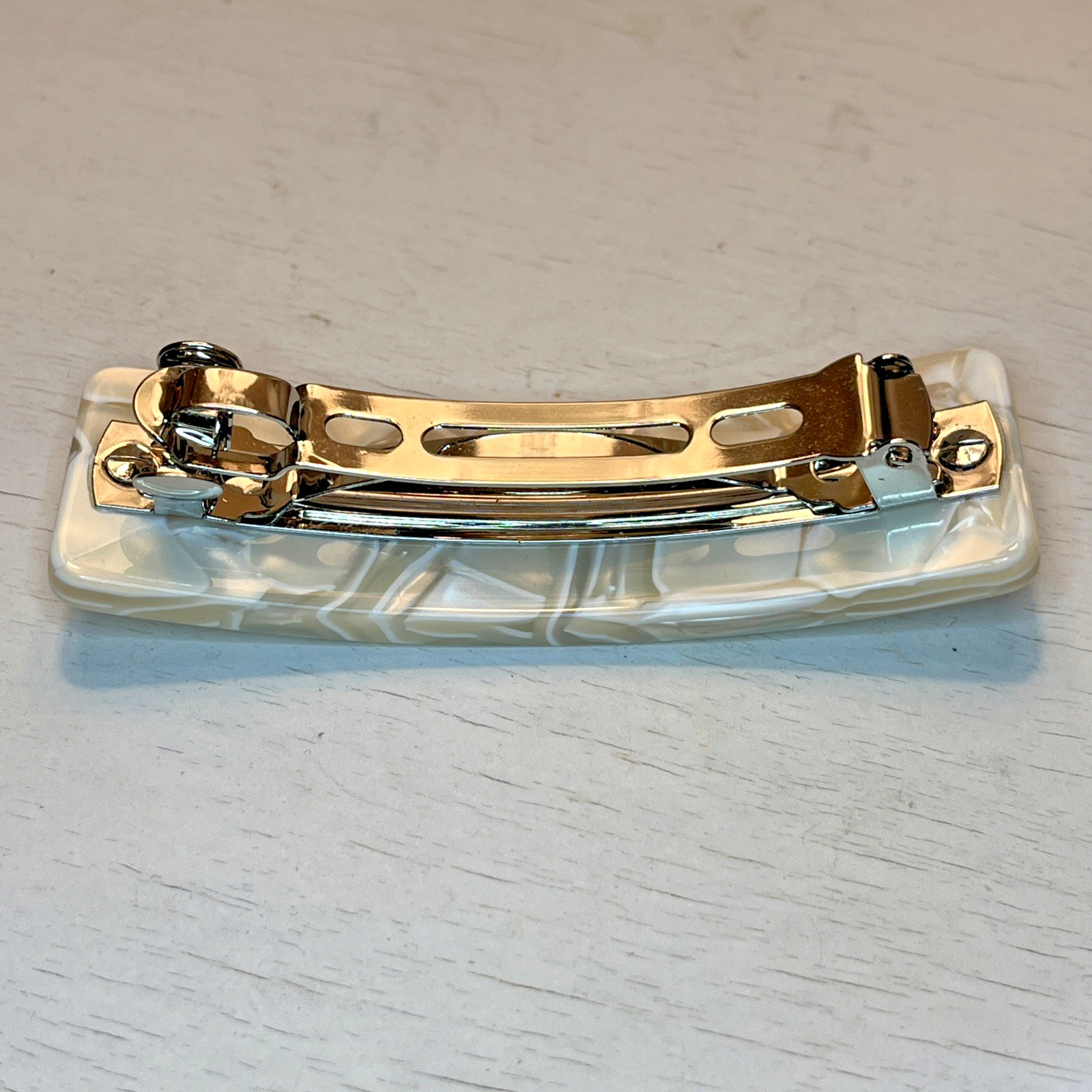 Lululemon Light Ivory White Marbled Hair Barrette Clip Pearlescent Acetate Logo