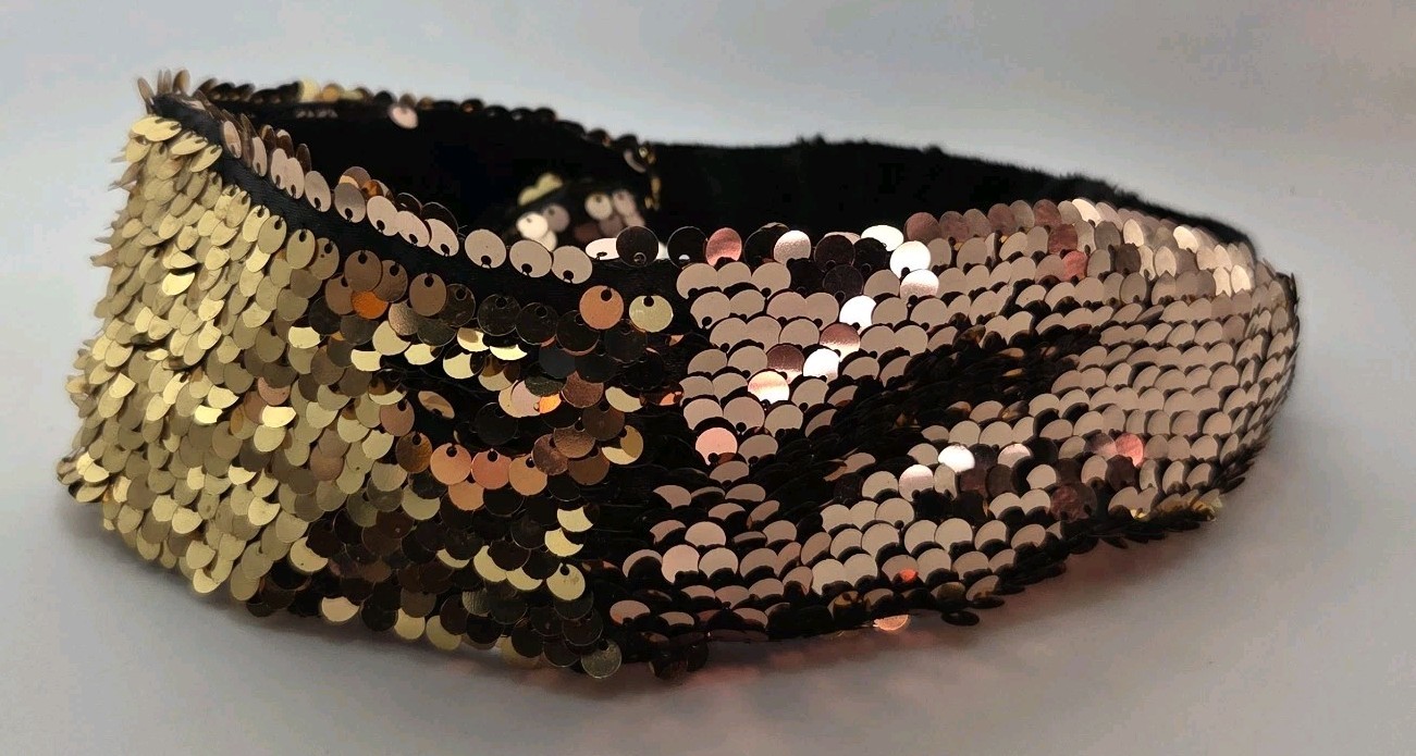 Reversible Mermaid Sequin Headband Black Velvet Elastic Gold & Bronze Tone