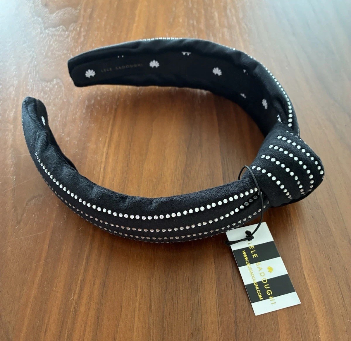 BNWT Lele Sadoughi Crystal Pinstripe Slim Knotted Headband In Jet $125